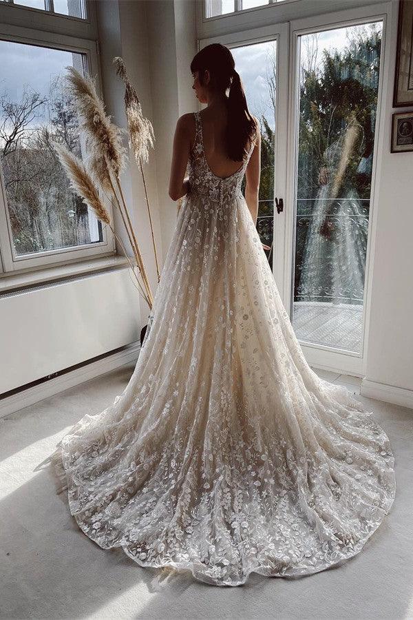Elegant Long A-line V-neck Backless Tulle Lace Wedding Dresses