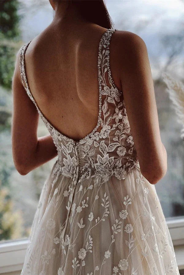 Elegant Long A-line V-neck Backless Tulle Lace Wedding Dresses