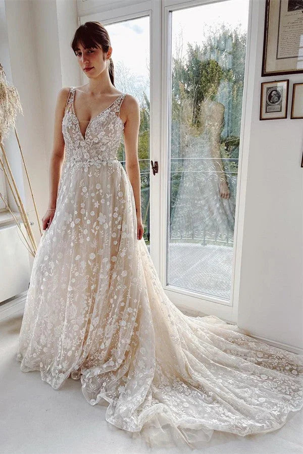 Elegant Long A-line V-neck Backless Tulle Lace Wedding Dresses