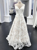 Long A Line V Neck Floral Lace Wedding Dresses