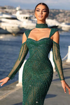 Elegant Long Dark Green Beading Off-the-shoulder Prom Dress With Sleeves