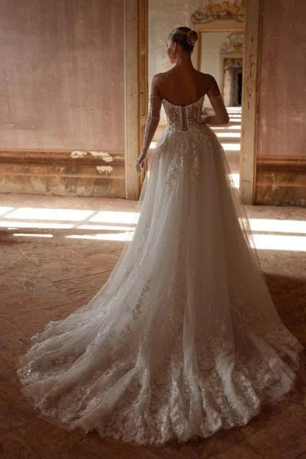 Elegant Long  A-line Strapless Lace Sweetheart Wedding Dresses