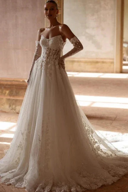 Elegant Long  A-line Strapless Lace Sweetheart Wedding Dresses