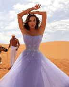 Elegant Long Lilac A-line Sleeveless Rhinestones Tulle Prom Dress