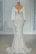 Elegant Long Mermaid V-neck Tulle Lace Wedding Dress with Sleeves