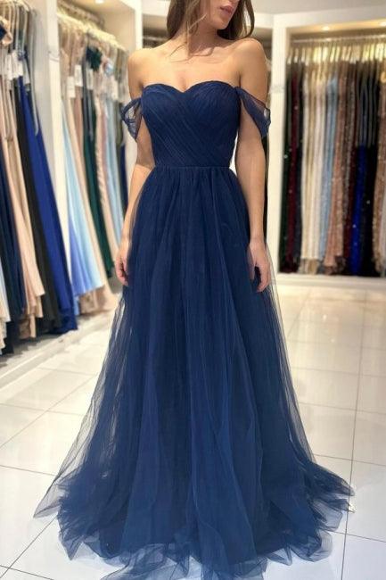 Elegant Long Navy Blue Off-the-shoulder A-line Sleeveless Prom Dresses
