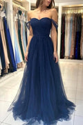 Elegant Long Navy Blue Off-the-shoulder A-line Sleeveless Prom Dresses