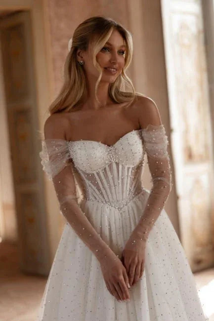 Elegant Long A-line Off-the-shoulder Tulle Rhinestones Pearls Wedding Dress