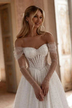 Elegant Long A-line Off-the-shoulder Tulle Rhinestones Pearls Wedding Dress