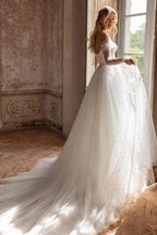 Elegant Long A-line Off-the-shoulder Tulle Rhinestones Pearls Wedding Dress