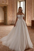 Elegant Long A-line Off-the-shoulder Tulle Rhinestones Pearls Wedding Dress