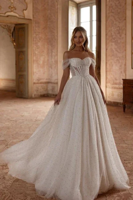 Elegant Long A-line Off-the-shoulder Tulle Rhinestones Pearls Wedding Dress