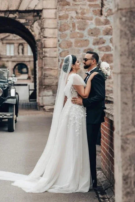 Elegant Long A-line Square Neck Tulle Lace Wedding Dress with Short Sleeves