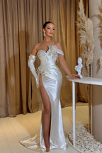 Elegant Long White Mermaid Glitter Sleeveless Prom Dresses With Slit