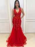 Elegant Mermaid V Neck Appliques Lace Red Long Graduation Prom Dresses