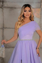 Elegant one shoulder sleeveless a-line 100D-Chiffon evening dresses ribbons