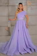 Elegant one shoulder sleeveless a-line 100D-Chiffon evening dresses ribbons