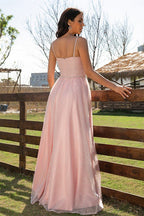 Elegant Pink Sleeveless Ruched Long Evening Dress Online