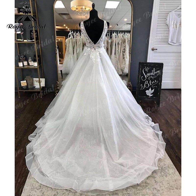 Elegant Princess Shiny Glitter Sleeveless Wedding Dress with Detachable Bow Backless Lace Applique  Women Vestidos de Fiesta