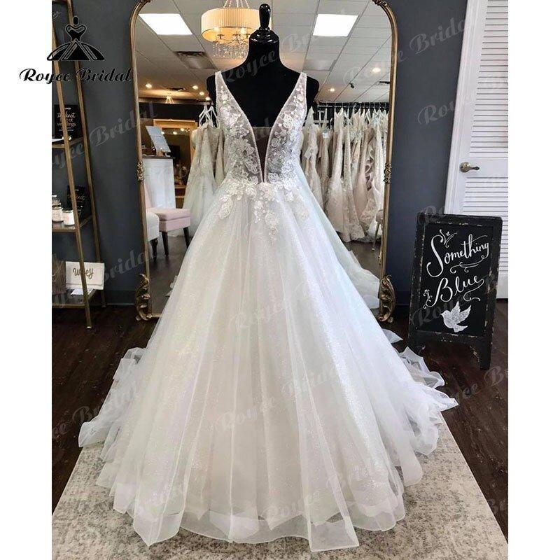 Elegant Princess Shiny Glitter Sleeveless Wedding Dress with Detachable Bow Backless Lace Applique  Women Vestidos de Fiesta