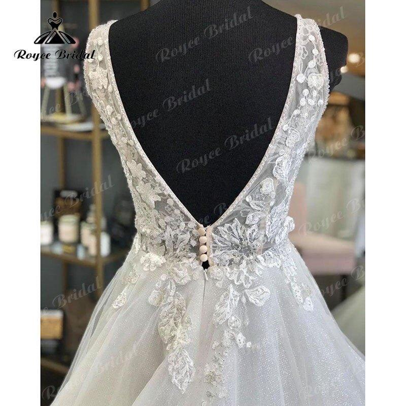 Elegant Princess Shiny Glitter Sleeveless Wedding Dress with Detachable Bow Backless Lace Applique  Women Vestidos de Fiesta