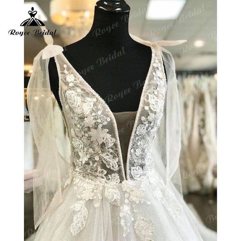 Elegant Princess Shiny Glitter Sleeveless Wedding Dress with Detachable Bow Backless Lace Applique  Women Vestidos de Fiesta