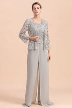 Elegant Silver Lace Top Chiffon Mother of Bride Jumpsuit Online with Wrap