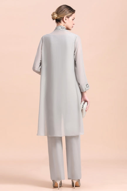 Elegant Sleeveless Appliques Silver Chiffon Mother of Bride Jumpsuit with Wrap