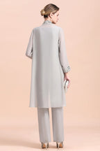 Elegant Sleeveless Appliques Silver Chiffon Mother of Bride Jumpsuit with Wrap