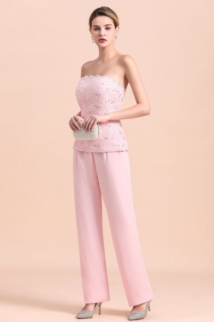Elegant Strapless Appliques Mother of Bride Jumpsuit with Long Sleeves Wraps