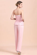 Elegant Strapless Appliques Mother of Bride Jumpsuit with Long Sleeves Wraps