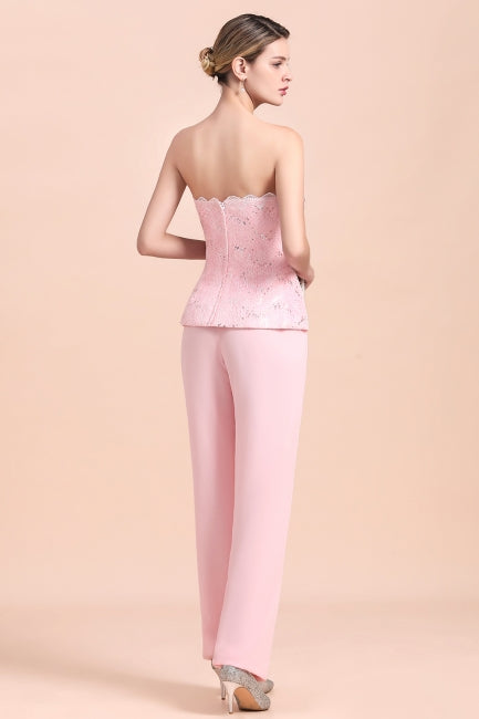 Elegant Strapless Appliques Mother of Bride Jumpsuit with Long Sleeves Wraps