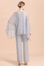 Elegant V-Neck Appliques Silver Mother of Bride Jumpsuit with Lace Wraps