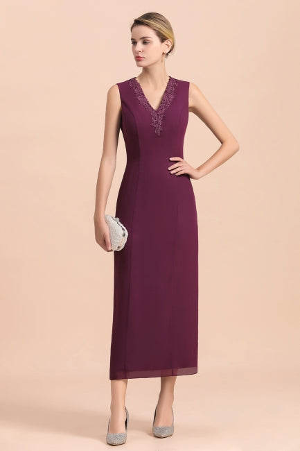 Elegant V-Neck SLeeveless Apppliques Grape Mother of Bride Dress with Wraps