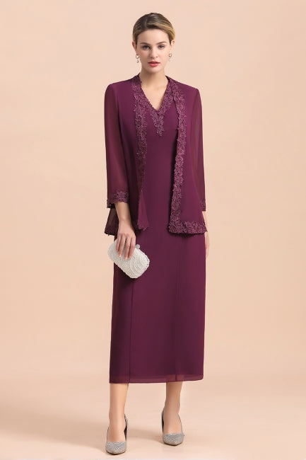Elegant V-Neck SLeeveless Apppliques Grape Mother of Bride Dress with Wraps