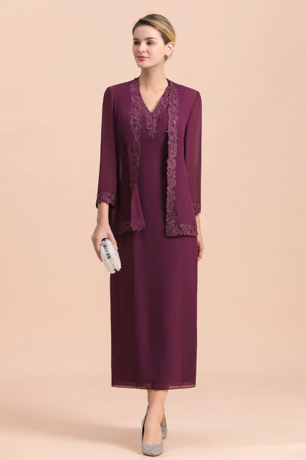 Elegant V-Neck SLeeveless Apppliques Grape Mother of Bride Dress with Wraps