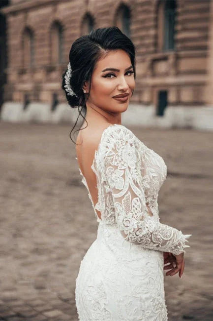 Elegant White Floral Lace Mermaid Spring Wedding Dress Long Sleeves V-Neck Slim Bridal Dresses