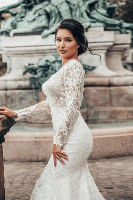 Elegant White Floral Lace Mermaid Spring Wedding Dress Long Sleeves V-Neck Slim Bridal Dresses