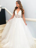 Elegant Long A-line V Neck Tulle Lace Floral Wedding Dresses