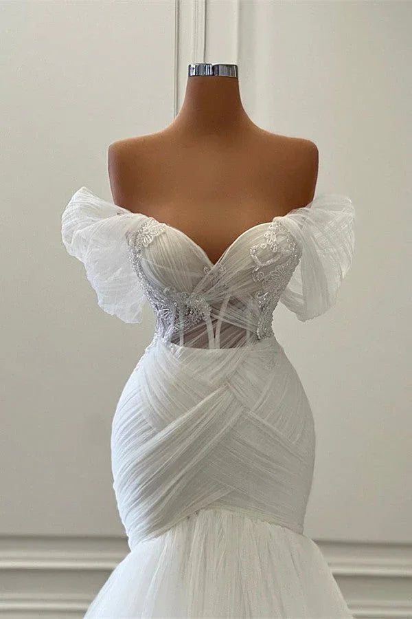 Elegant Long Mermaid Off the Shoulder Tulle Lace Wedding Dresses