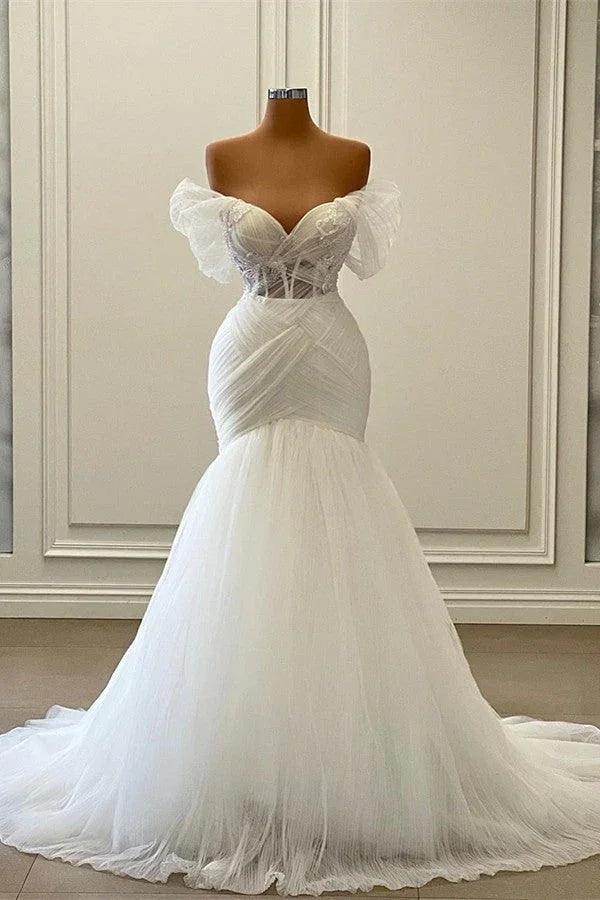 Elegant Long Mermaid Off the Shoulder Tulle Lace Wedding Dresses