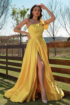 Elegant Yellow One Shoulder Long Evening Dress With Slit