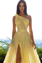 Elegant Yellow One Shoulder Sequined A-line Prom Dress With Slit