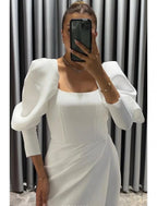 Sheath / Column Evening Gown Elegant Dress Formal Fall Asymmetrical 3/4 Length Sleeve Square Neck Stretch Fabric with Ruched Slit