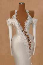 Exquisite Long Mermaid Straps Satin Long Sleeves Wedding Dress with Pearls