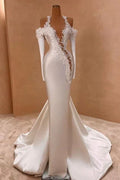 Exquisite Long Mermaid Straps Satin Long Sleeves Wedding Dress with Pearls