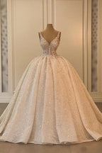 Extravagant Long A-line V-neck Sleeveless Princess Glitter Wedding Dress with Lace