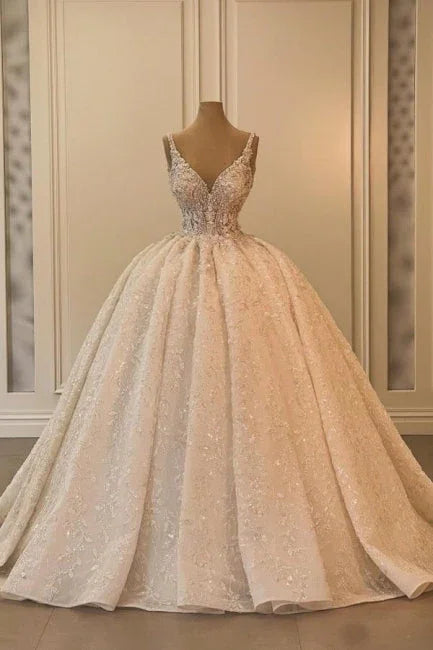 Extravagant Long A-line V-neck Sleeveless Princess Glitter Wedding Dress with Lace