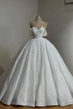 Extravagant Long A-line Off-the-shoulder Lace Wedding Dress with Pearls