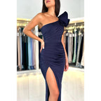 Sheath/column One Shoulder Satin Pleats Long Formal Evening Dress with Slit